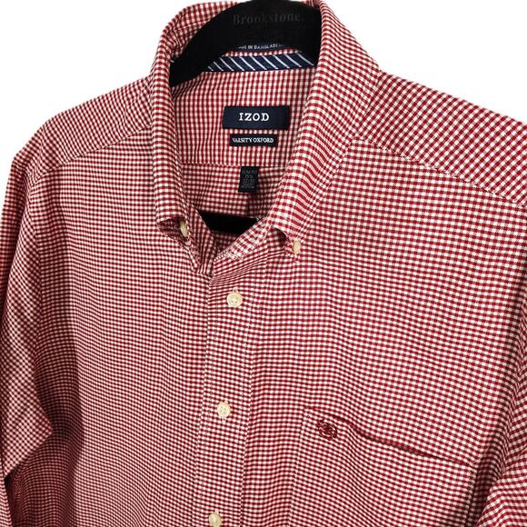 IZOD Varsity Oxford Slim Fit Medium Men Red Plaid Long Sleeve Button Down Shirt - Picture 1 of 6